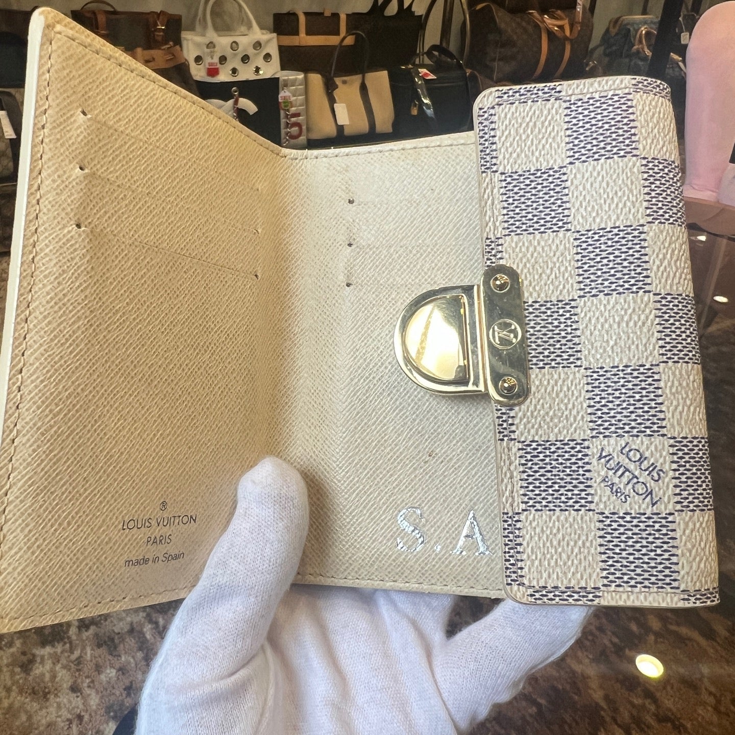 LOUIS VUITTON Portefeuille Koala Wallet, Damier Azur, White, Gold Hardware, With Initials Engraving, Box & Dust Bag