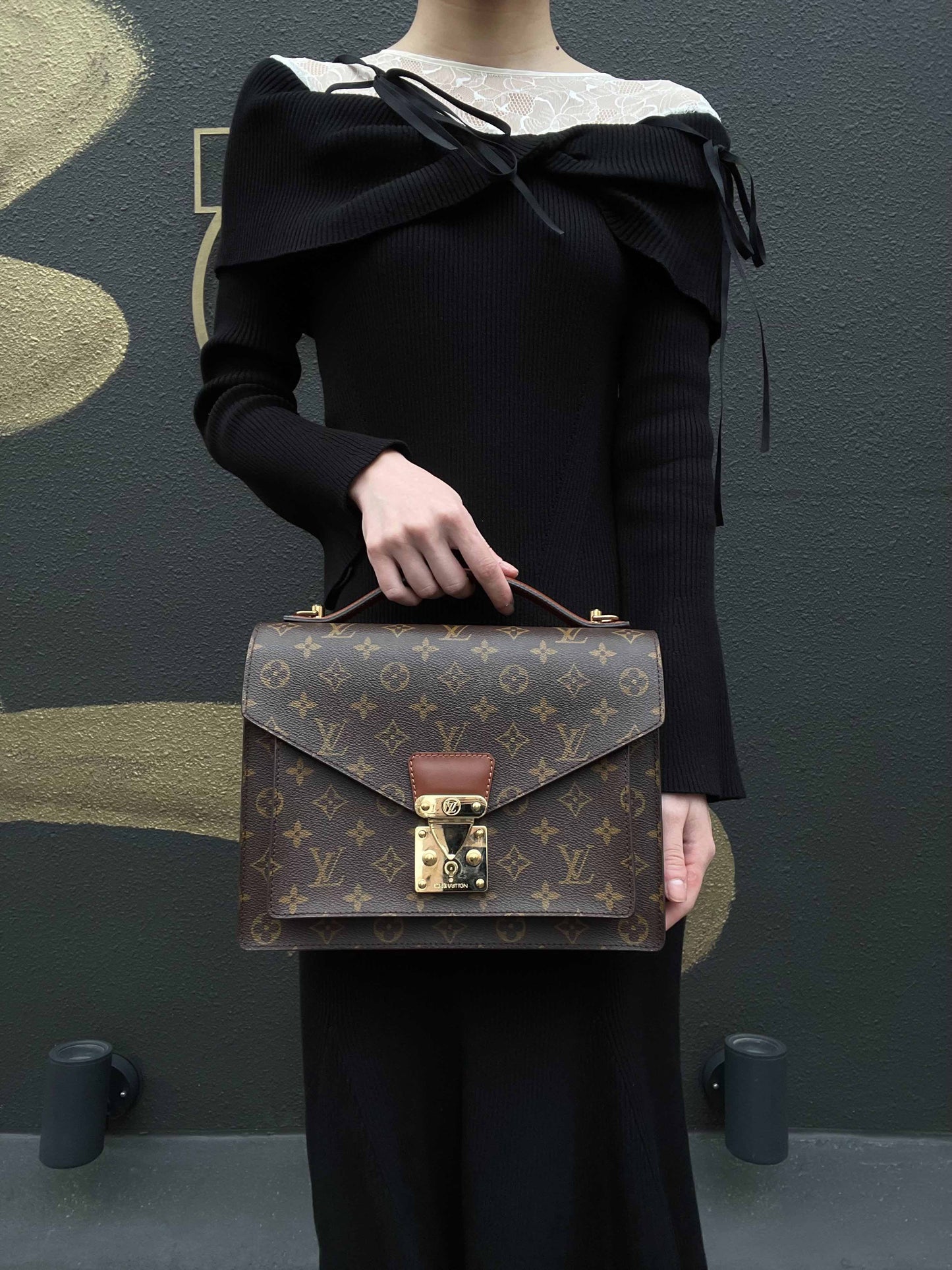 LOUIS VUITTON Monceau 28 Monogram Handbag, Brown, Gold Hardware, with Shoulder Strap and Two Keys, PVC Material