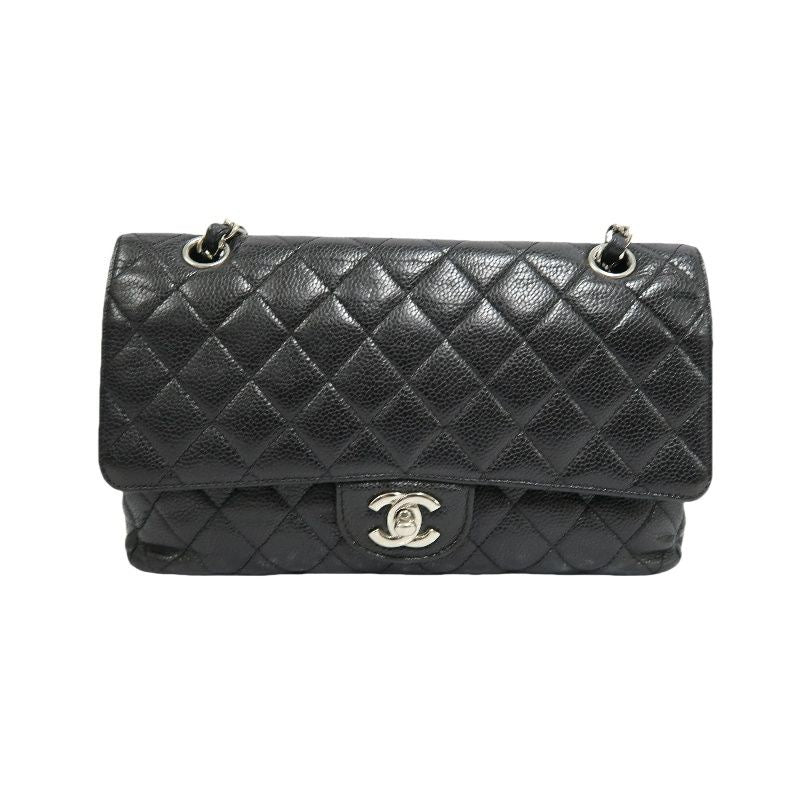 Chanel Classic Flap Shoulder Bag, Black Caviar Leather, Iconic Turn-lock Closure, Leather-woven Chain Strap, Premium Hardware, Timeless Luxury Handbag