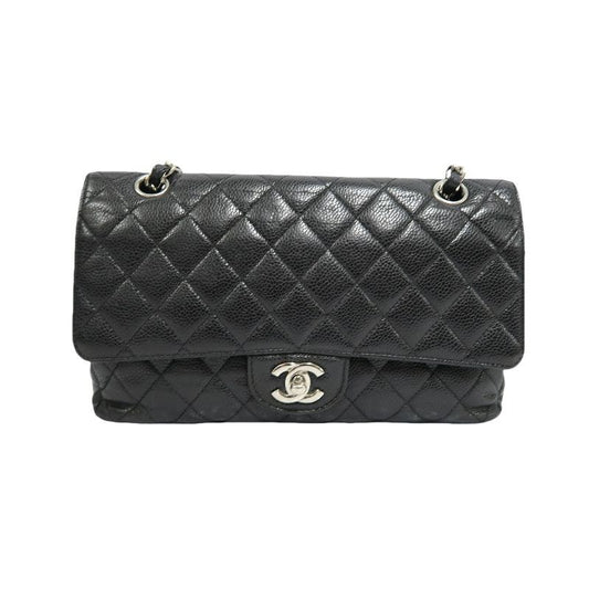 Chanel Classic Flap Shoulder Bag, Black Caviar Leather, Iconic Turn-lock Closure, Leather-woven Chain Strap, Premium Hardware, Timeless Luxury Handbag