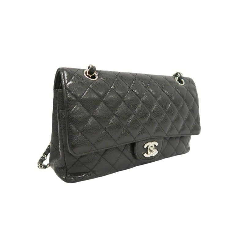 Chanel Classic Flap Shoulder Bag, Black Caviar Leather, Iconic Turn-lock Closure, Leather-woven Chain Strap, Premium Hardware, Timeless Luxury Handbag