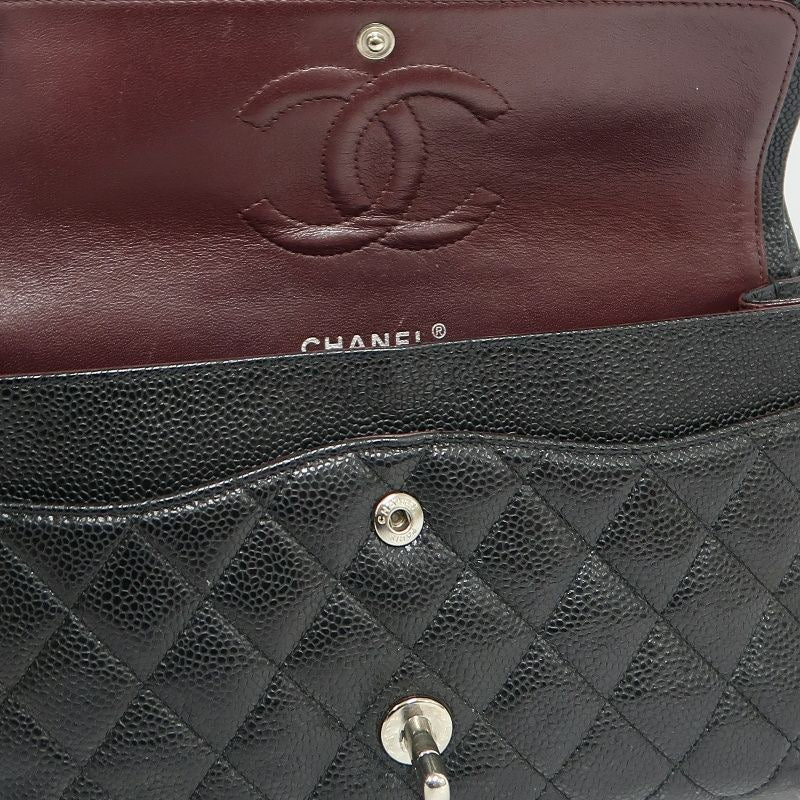 Chanel Classic Flap Shoulder Bag, Black Caviar Leather, Iconic Turn-lock Closure, Leather-woven Chain Strap, Premium Hardware, Timeless Luxury Handbag