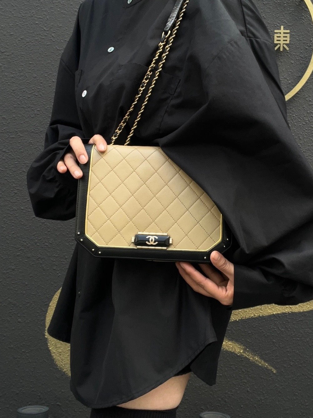 Chanel Matelasse Lambskin Beige/Black Crossbody Bag