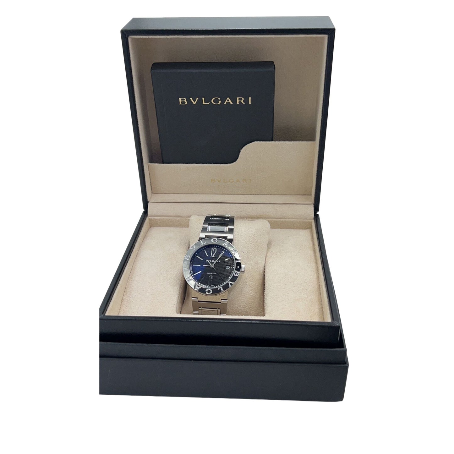 BVLGARI Men's silver watch With box Silver bracelet, black dial Model: BB38SSAUTO Stainless steel / Stainless steel Bulgari Bulgari L14503 Automatic movement Black dial Coated Scratches