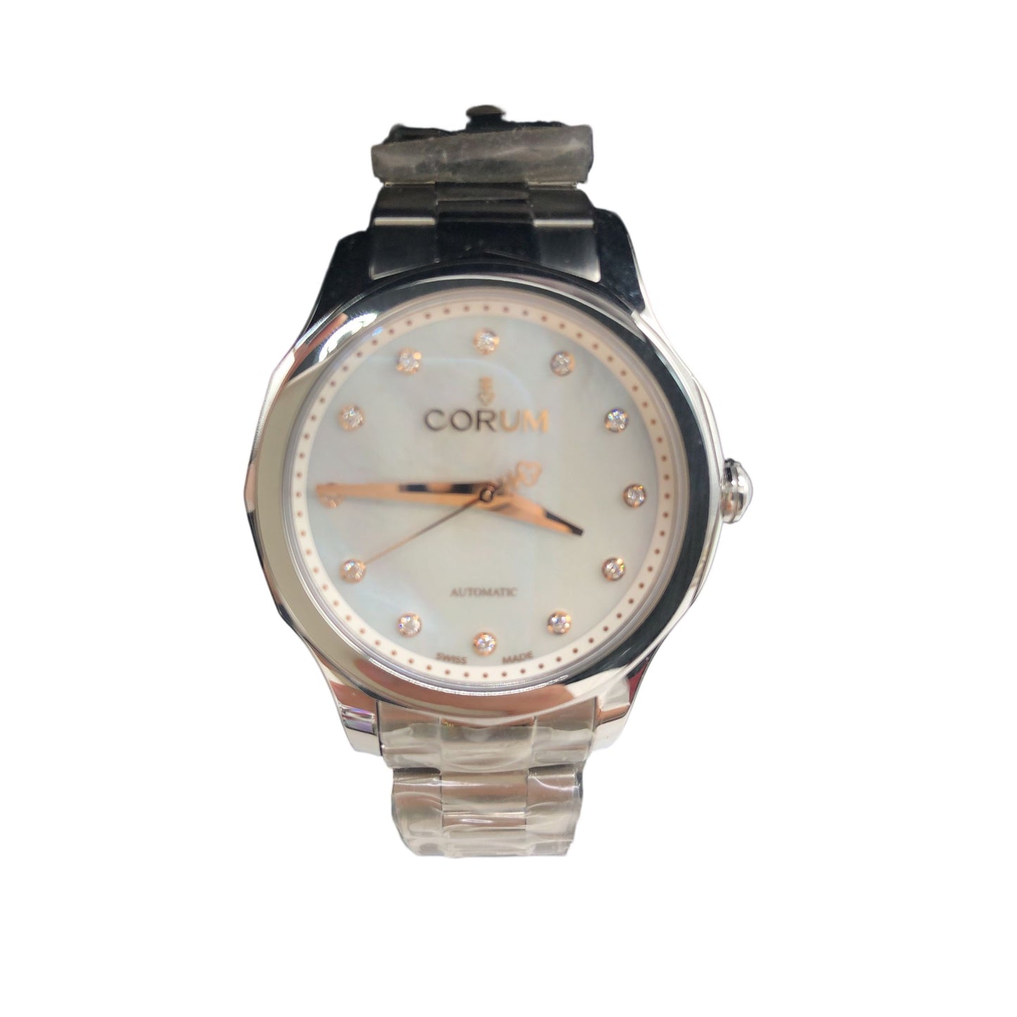 CORUM Silver watch Mother-of-pearl dial with diamond settingModel: 01.0144 Stainless steel / Stainless steel Admiral Ref: 2354311 Automatic movement White mother-of-pearl dial