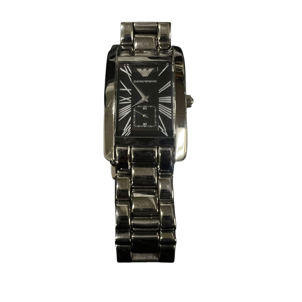 ARMANI Men's watch Silver bracelet Black square dial With boxModel: AR-0156 Stainless steel / Stainless steel Quartz movement Black dial Stains inside the glass, not running (No operation guarantee)