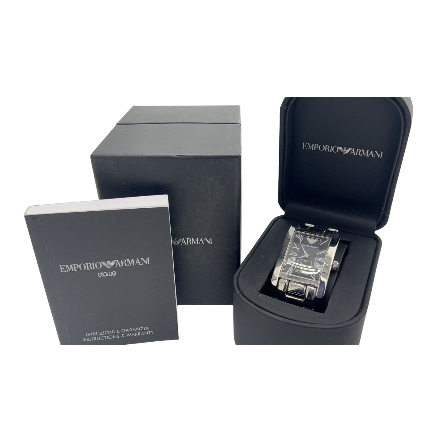 ARMANI Men's watch Silver bracelet Black square dial With boxModel: AR-0156 Stainless steel / Stainless steel Quartz movement Black dial Stains inside the glass, not running (No operation guarantee)