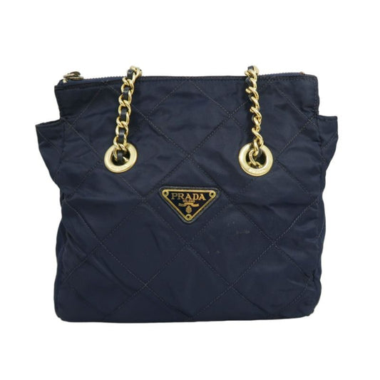 PRADA Chain Shoulder Bag, Nylon, Navy, Gold Hardware, with dust bag.