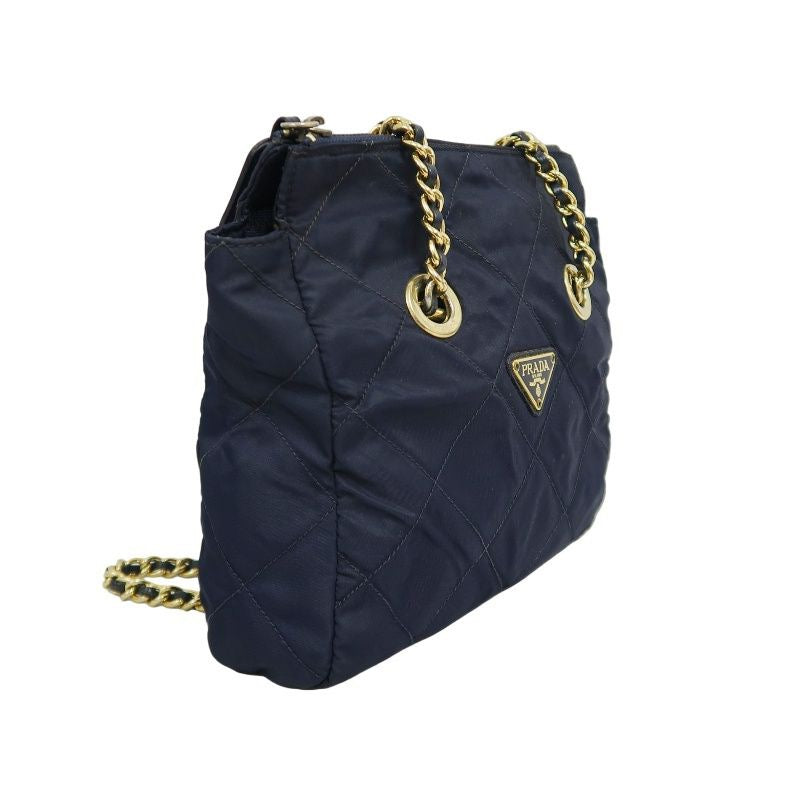 PRADA Chain Shoulder Bag, Nylon, Navy, Gold Hardware, with dust bag.