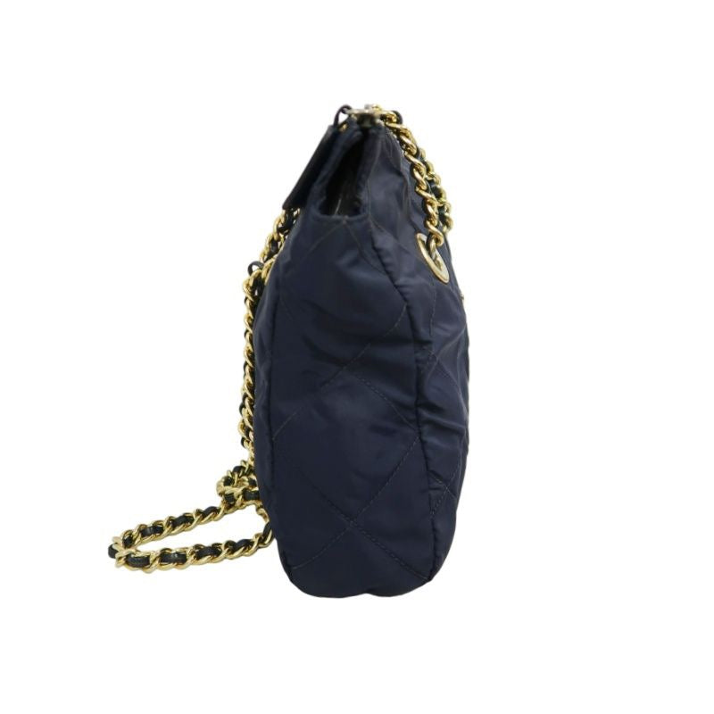 PRADA Chain Shoulder Bag, Nylon, Navy, Gold Hardware, with dust bag.