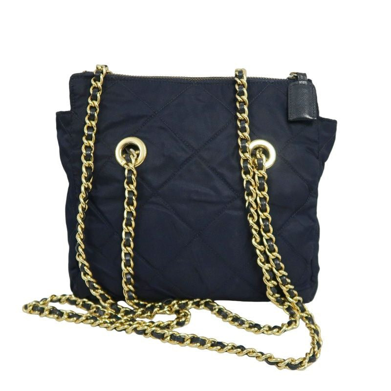 PRADA Chain Shoulder Bag, Nylon, Navy, Gold Hardware, with dust bag.