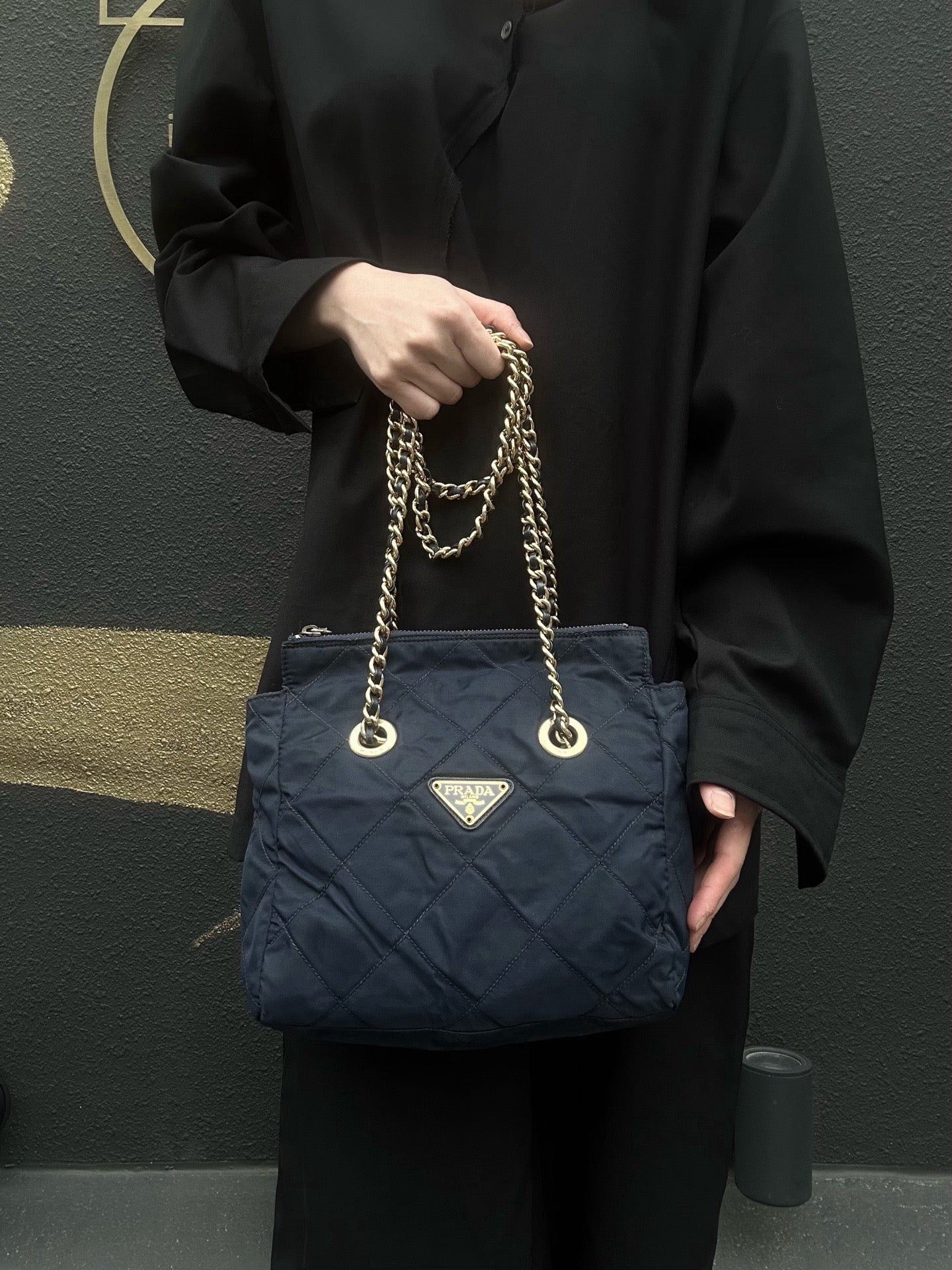 PRADA Chain Shoulder Bag, Nylon, Navy, Gold Hardware, with dust bag.