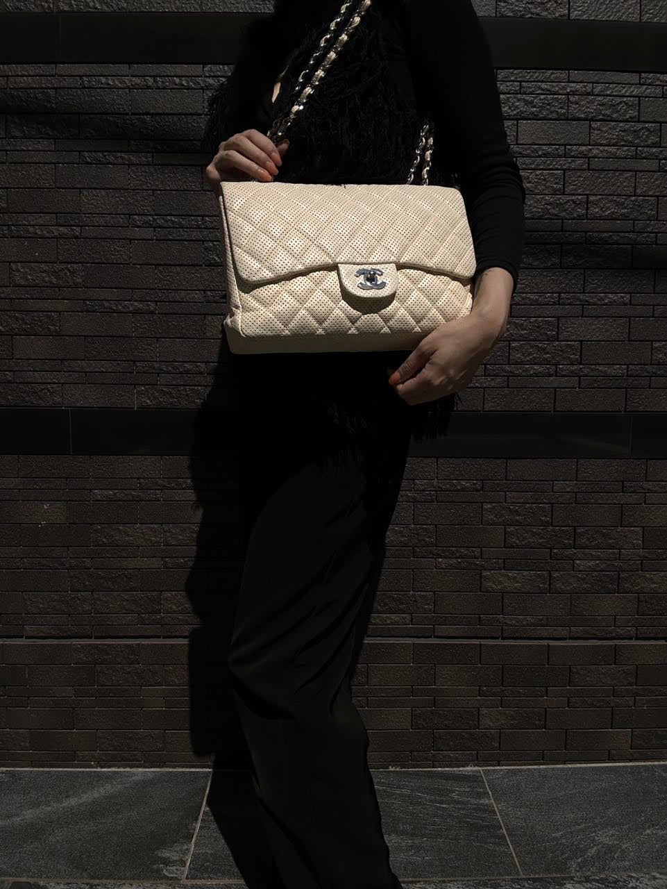 Chanel Perforated Classic Flap Crossbody Bag in White Lambskin