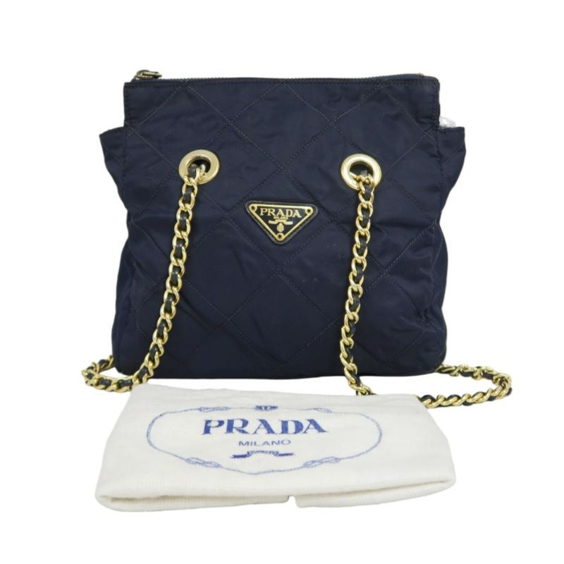 PRADA Chain Shoulder Bag, Nylon, Navy, Gold Hardware, with dust bag.