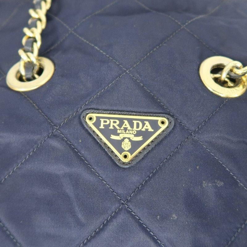 PRADA Chain Shoulder Bag, Nylon, Navy, Gold Hardware, with dust bag.