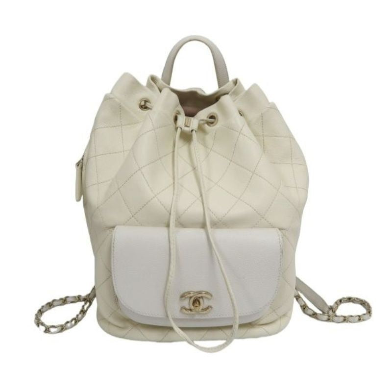 CHANEL Quilted Drawstring Backpack, Off-white Caviar Leather