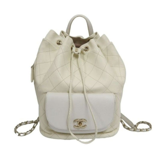CHANEL Quilted Drawstring Backpack, Off-white Caviar Leather