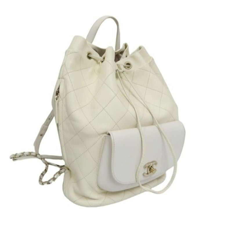 CHANEL Quilted Drawstring Backpack, Off-white Caviar Leather
