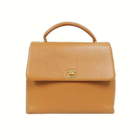CHANEL Caviar Skin Top Handle Handbag, Brown with Gold Hardware, Orange Calfskin