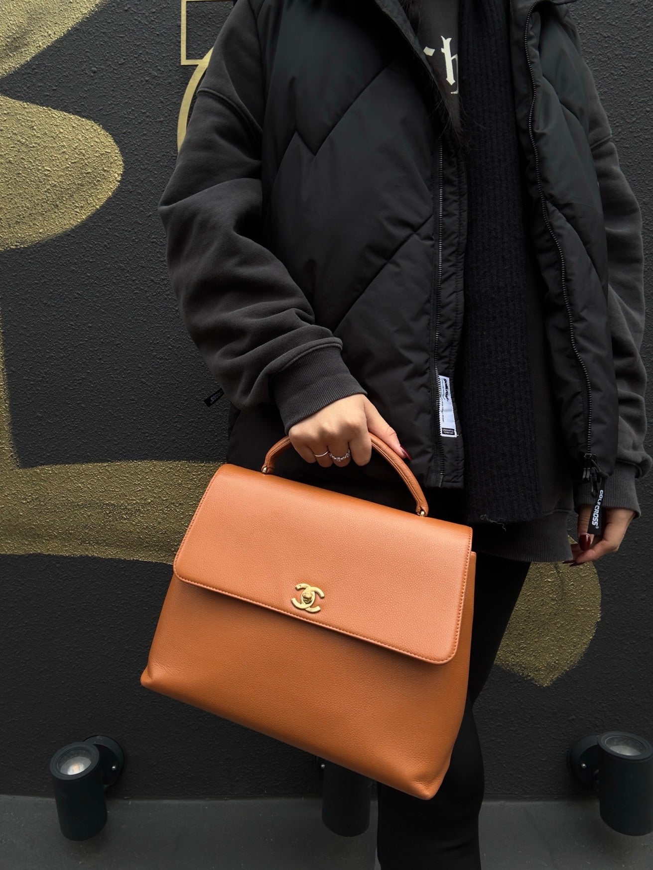 CHANEL Caviar Skin Top Handle Handbag, Brown with Gold Hardware, Orange Calfskin