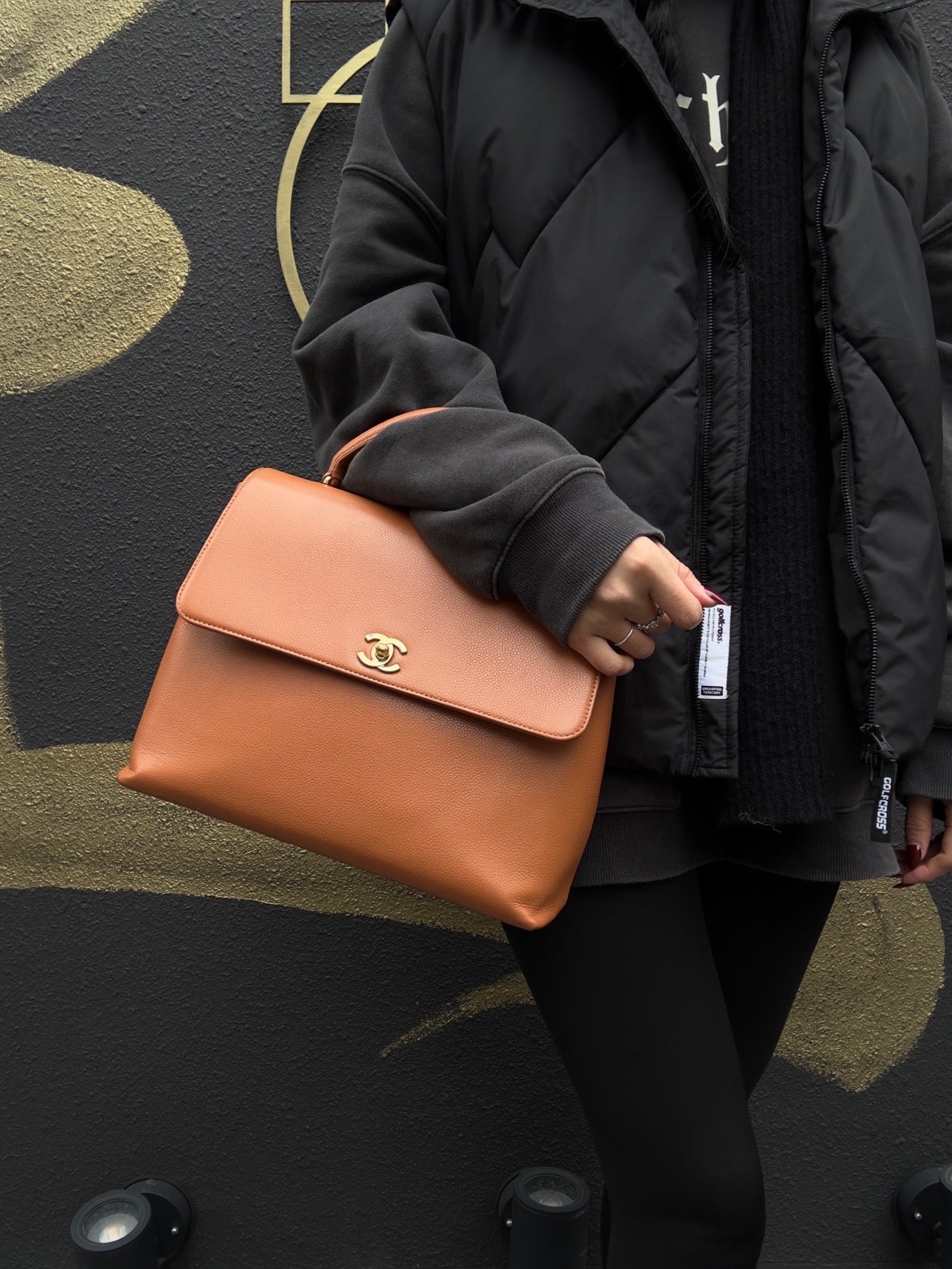 CHANEL Caviar Skin Top Handle Handbag, Brown with Gold Hardware, Orange Calfskin