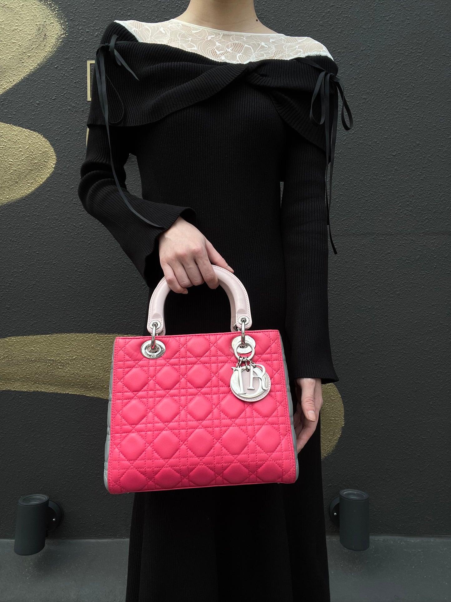 DIOR Cannage Lady Dior Handbag, Pink, Silver-tone Hardware, Pink PVC, 5-Size