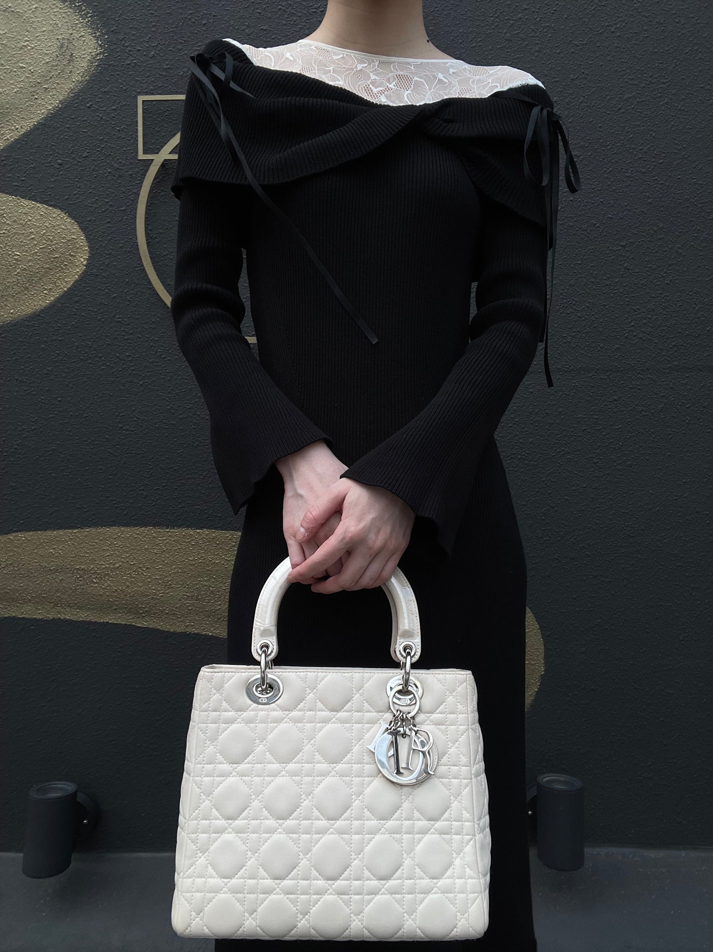 DIOR Cannage Lady Dior Handbag, Lambskin, White, Silver-Tone Hardware, White PVC, 5-Pocket Lady Dior Top Handle Bag