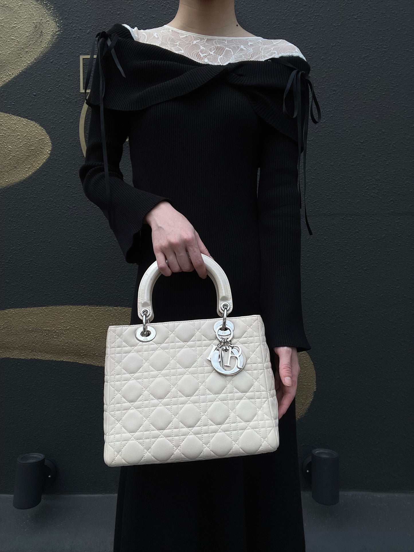 DIOR Cannage Lady Dior Handbag, Lambskin, White, Silver-Tone Hardware, White PVC, 5-Pocket Lady Dior Top Handle Bag