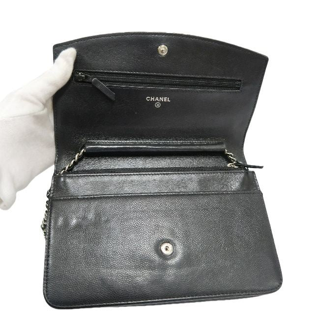 CHANEL Black Caviar Leather WOC Wallet on Chain, Silver Hardware