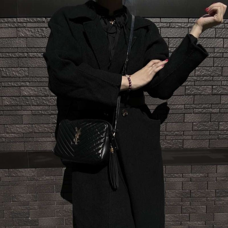 YSL Black Lambskin V-Stitch Shoulder Bag with Gold Hardware