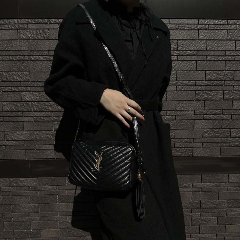 YSL Black Lambskin V-Stitch Shoulder Bag with Gold Hardware