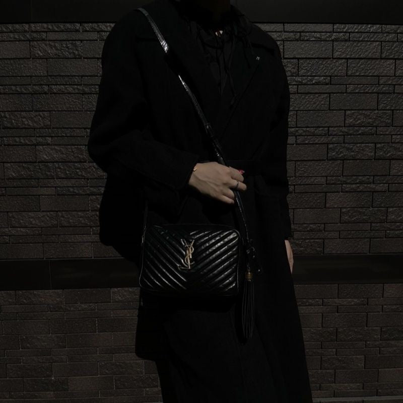 YSL Black Lambskin V-Stitch Shoulder Bag with Gold Hardware