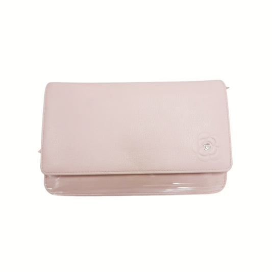 CHANEL Chain Wallet on Chain (WOC), Lambskin, Camellia Motif, Pink, Silver Hardware, Serial Number Starting with "15", Includes Dust Ba