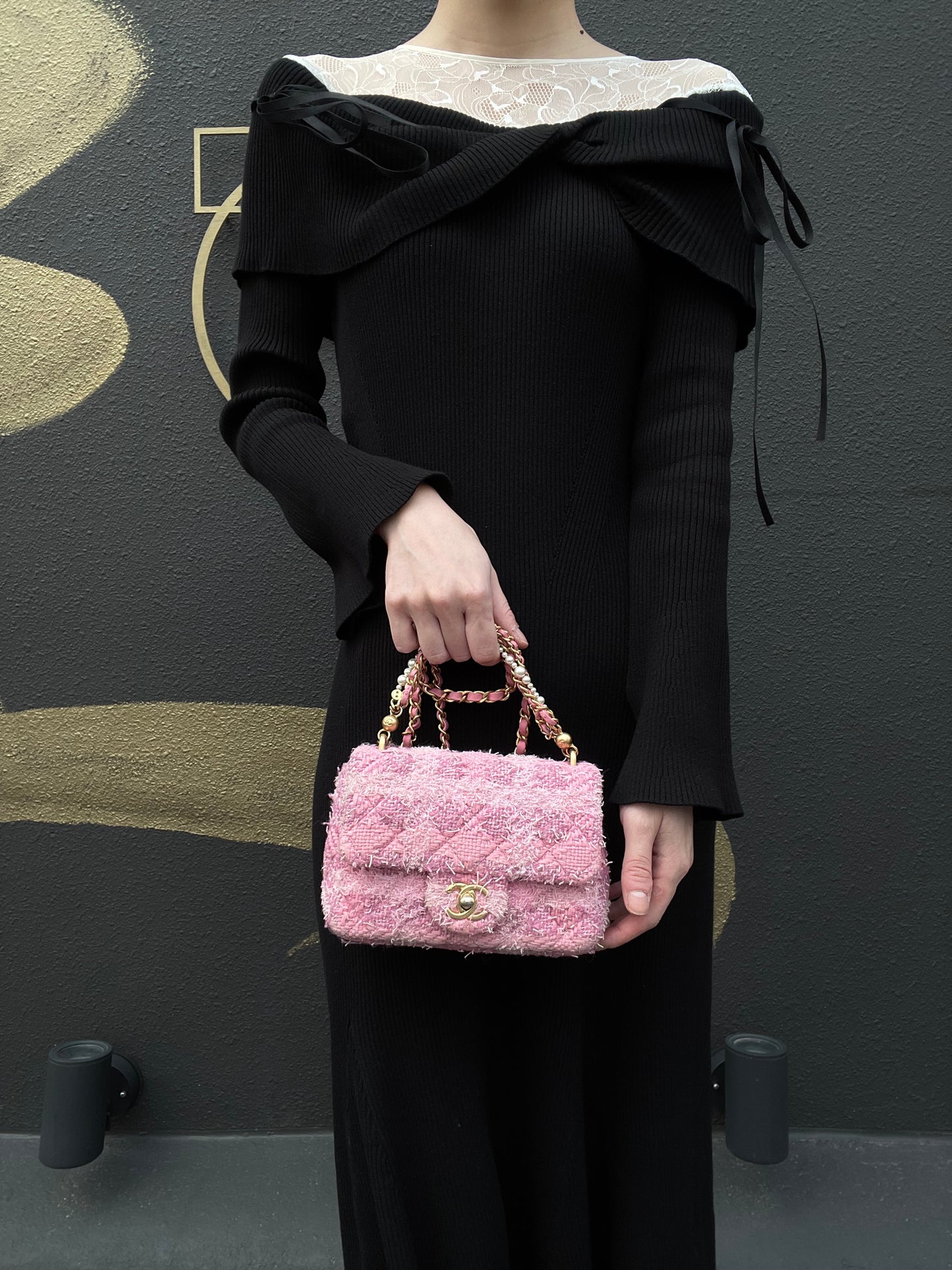CHANEL Tweed Quilted Shoulder Bag, Pearl Twist, Pink, Gold-tone Hardware, Pink Canvas CF Flap Crossbody Bag