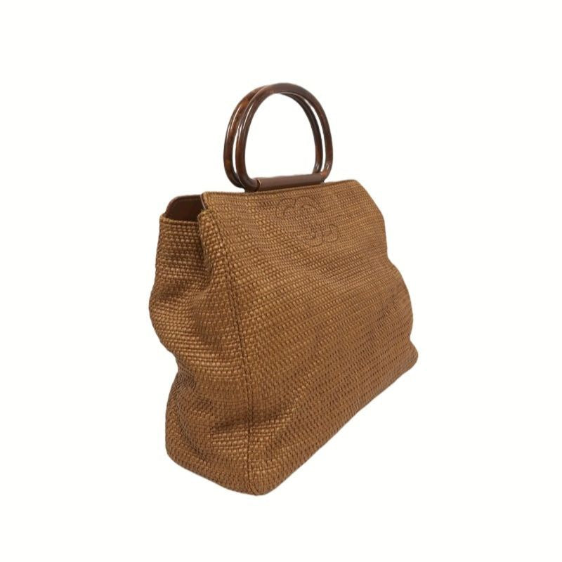 CHANEL Coco Mark Brown Straw Woven Top Handle Bag