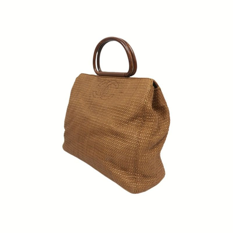 CHANEL Coco Mark Brown Straw Woven Top Handle Bag