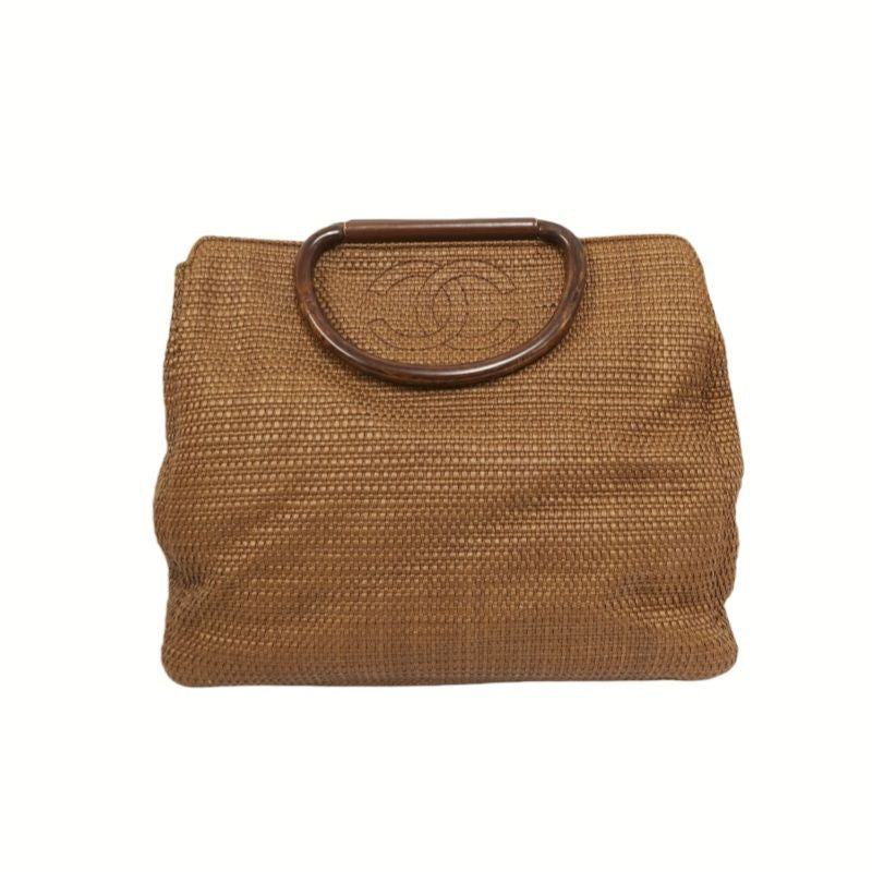 CHANEL Coco Mark Brown Straw Woven Top Handle Bag