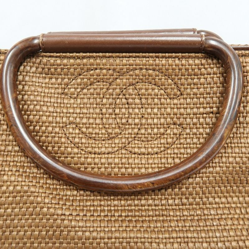CHANEL Coco Mark Brown Straw Woven Top Handle Bag