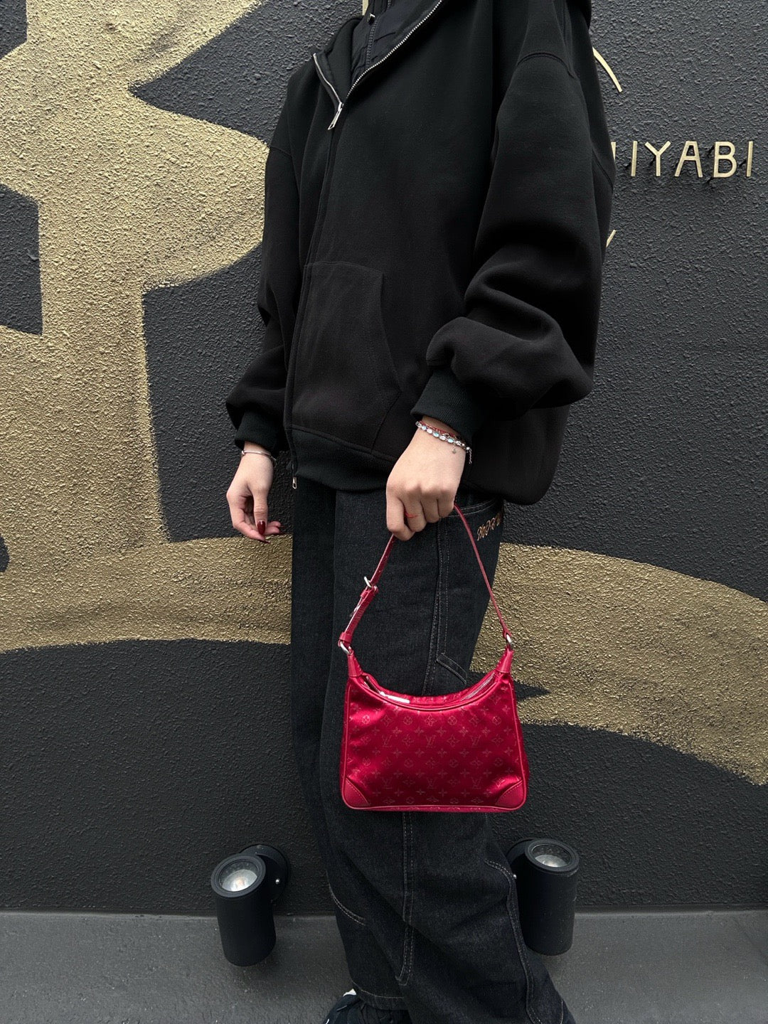LOUIS VUITTON Little Brownie Red Denim Canvas Shoulder Bag with Horn Accents