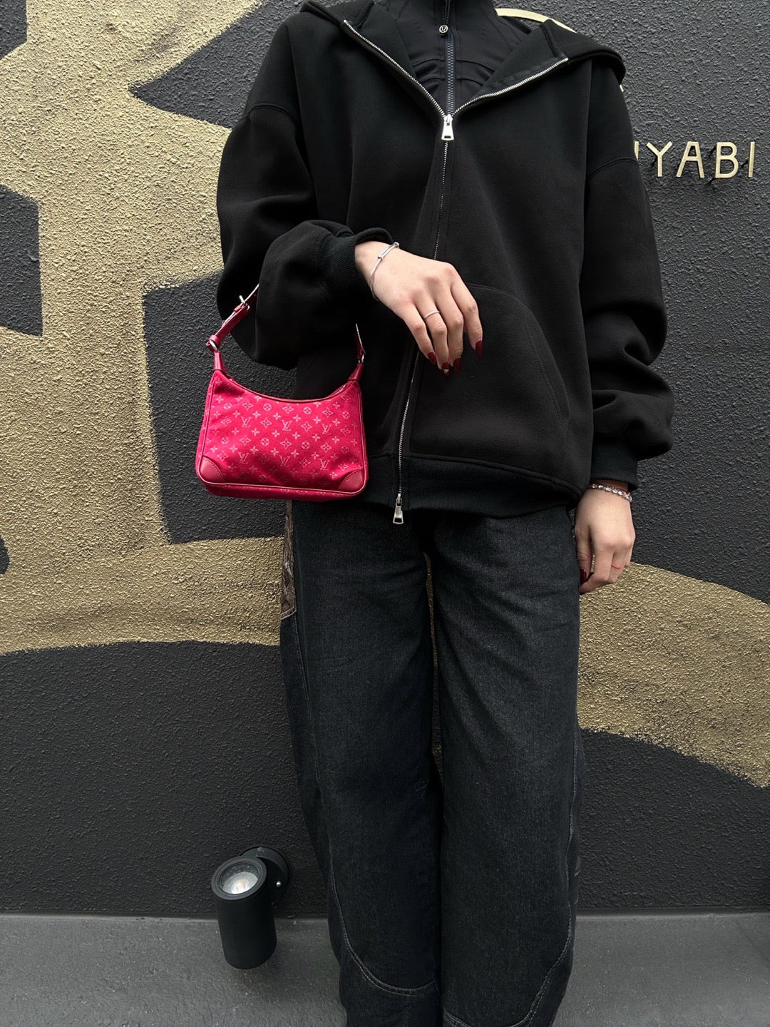 LOUIS VUITTON Little Brownie Red Denim Canvas Shoulder Bag with Horn Accents