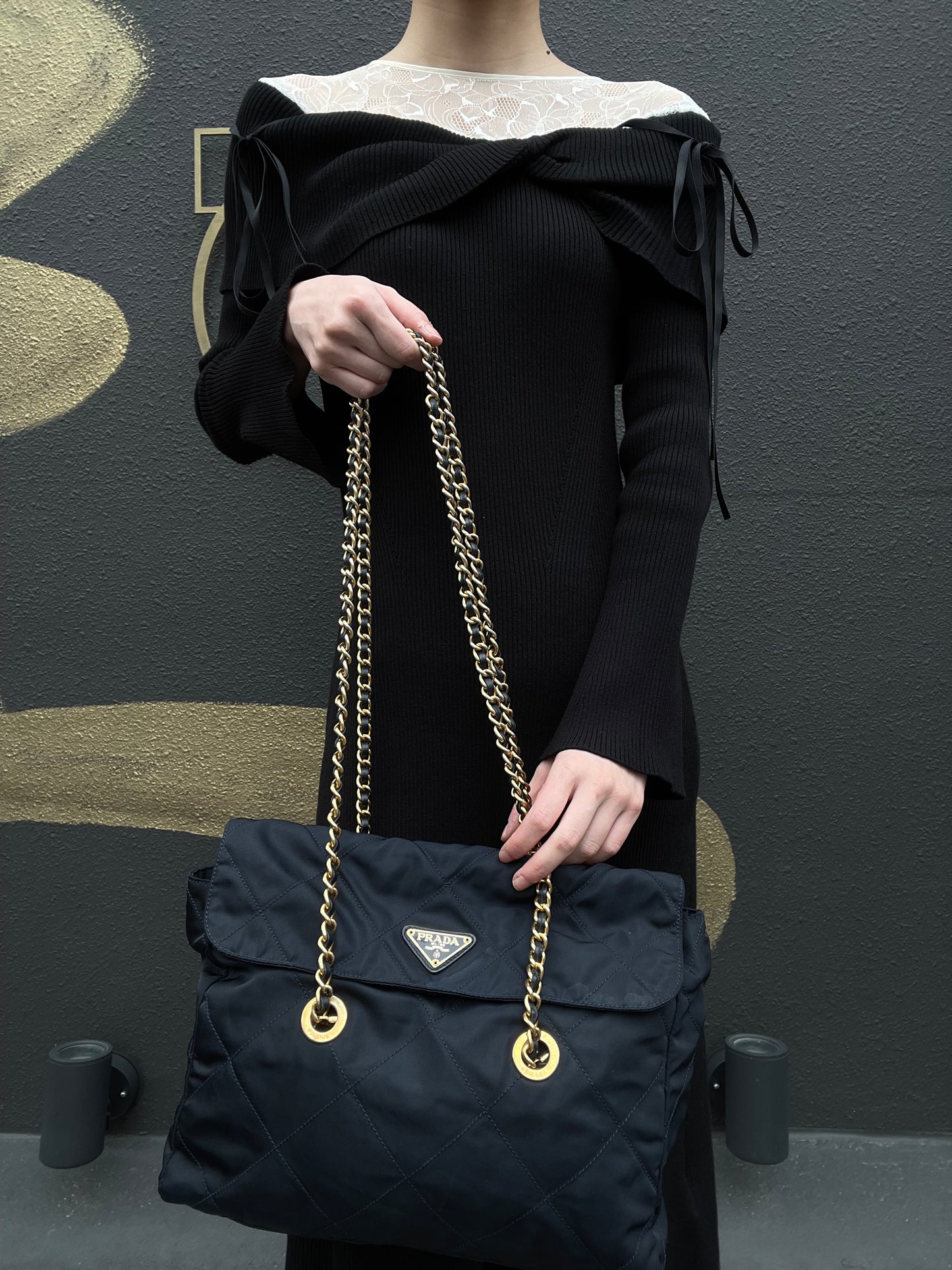 PRADA Nylon Chain Shoulder Bag, Navy with Gold Hardware, Black Nylon Tote Shoulder Bag