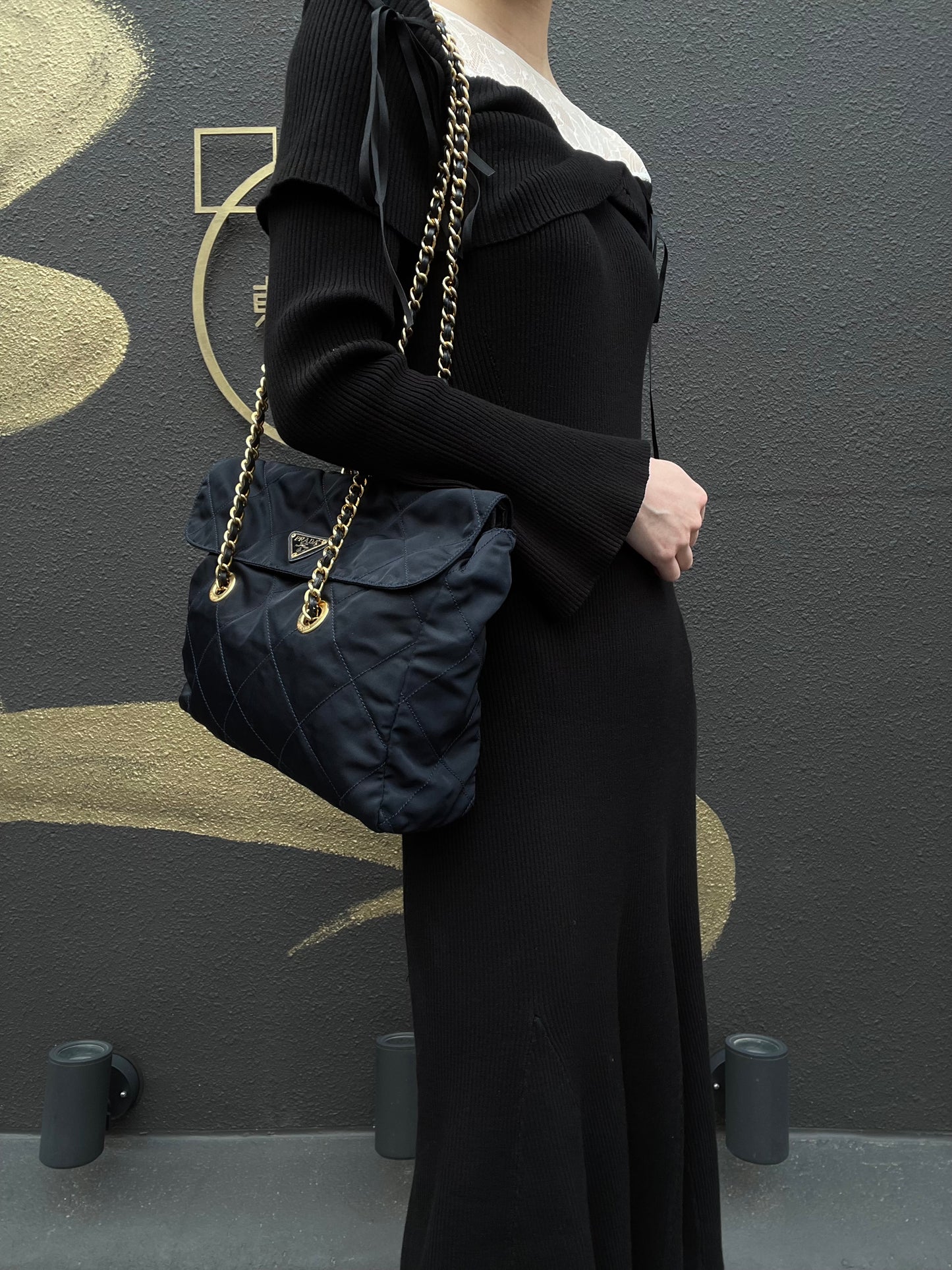 PRADA Nylon Chain Shoulder Bag, Navy with Gold Hardware, Black Nylon Tote Shoulder Bag