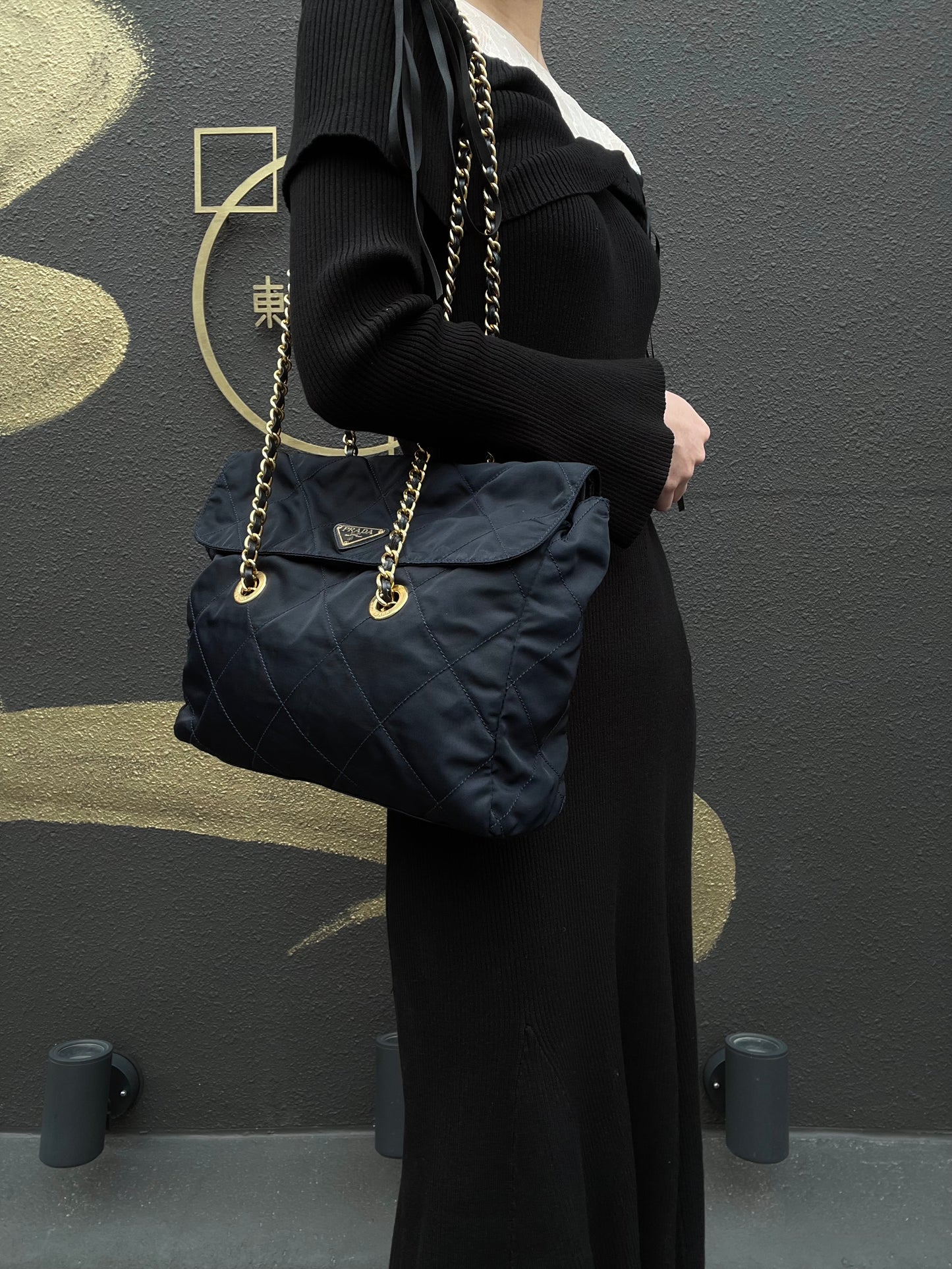 PRADA Nylon Chain Shoulder Bag, Navy with Gold Hardware, Black Nylon Tote Shoulder Bag