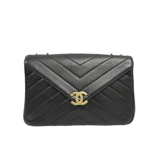 CHANEL Black Lambskin V-Stitch Flap Chain Crossbody Bag with Gold Hardware