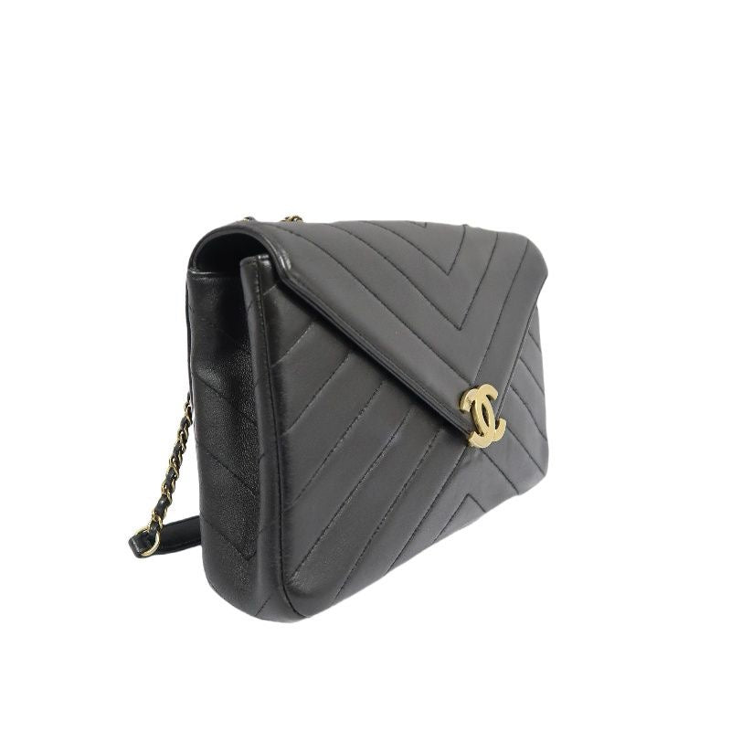 CHANEL Black Lambskin V-Stitch Flap Chain Crossbody Bag with Gold Hardware
