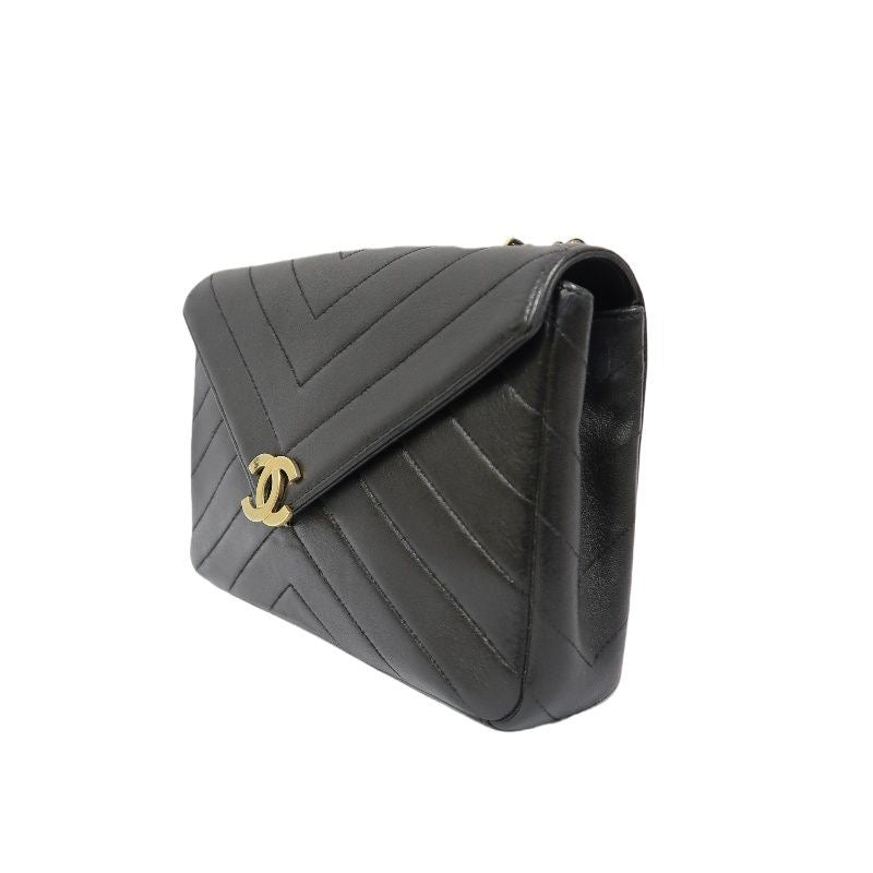 CHANEL Black Lambskin V-Stitch Flap Chain Crossbody Bag with Gold Hardware
