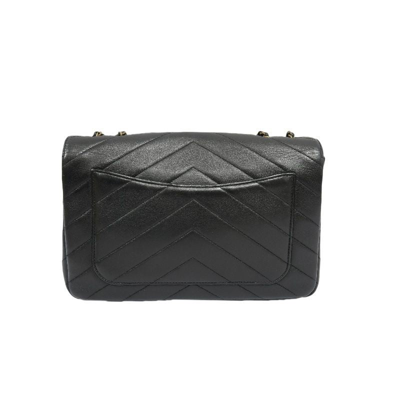 CHANEL Black Lambskin V-Stitch Flap Chain Crossbody Bag with Gold Hardware