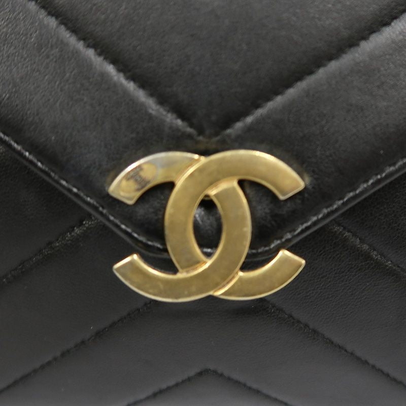 CHANEL Black Lambskin V-Stitch Flap Chain Crossbody Bag with Gold Hardware