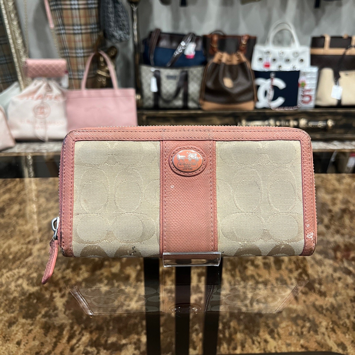 COACH Beige & Pink Signature PVC Wallet