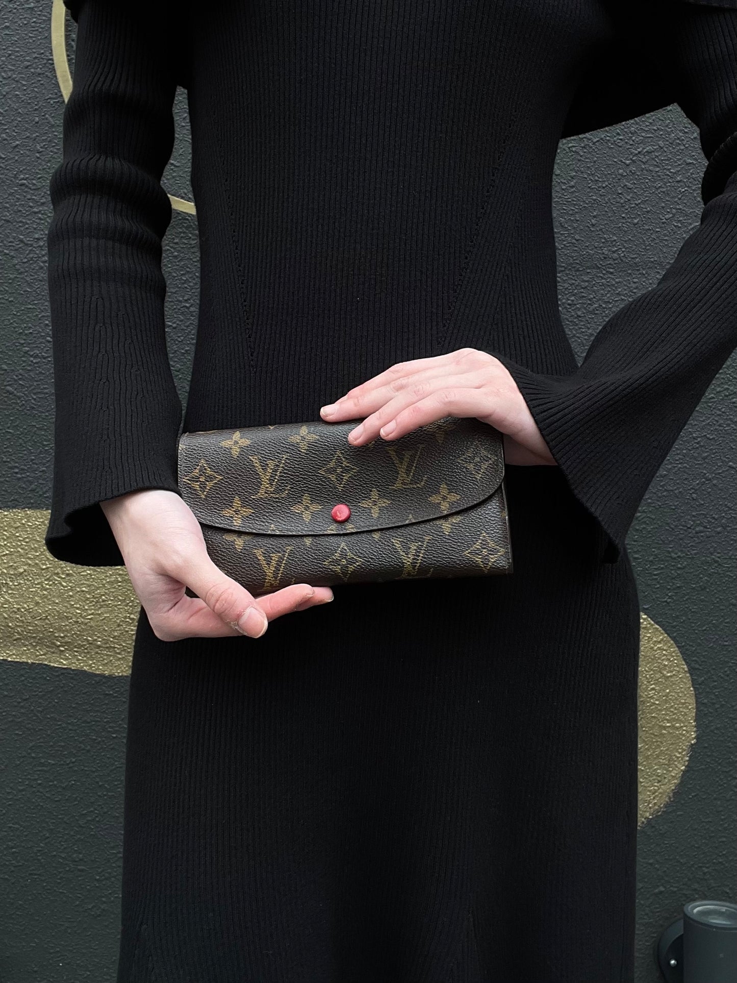LOUIS VUITTON Monogram Brown Emilie Wallet with Red Button